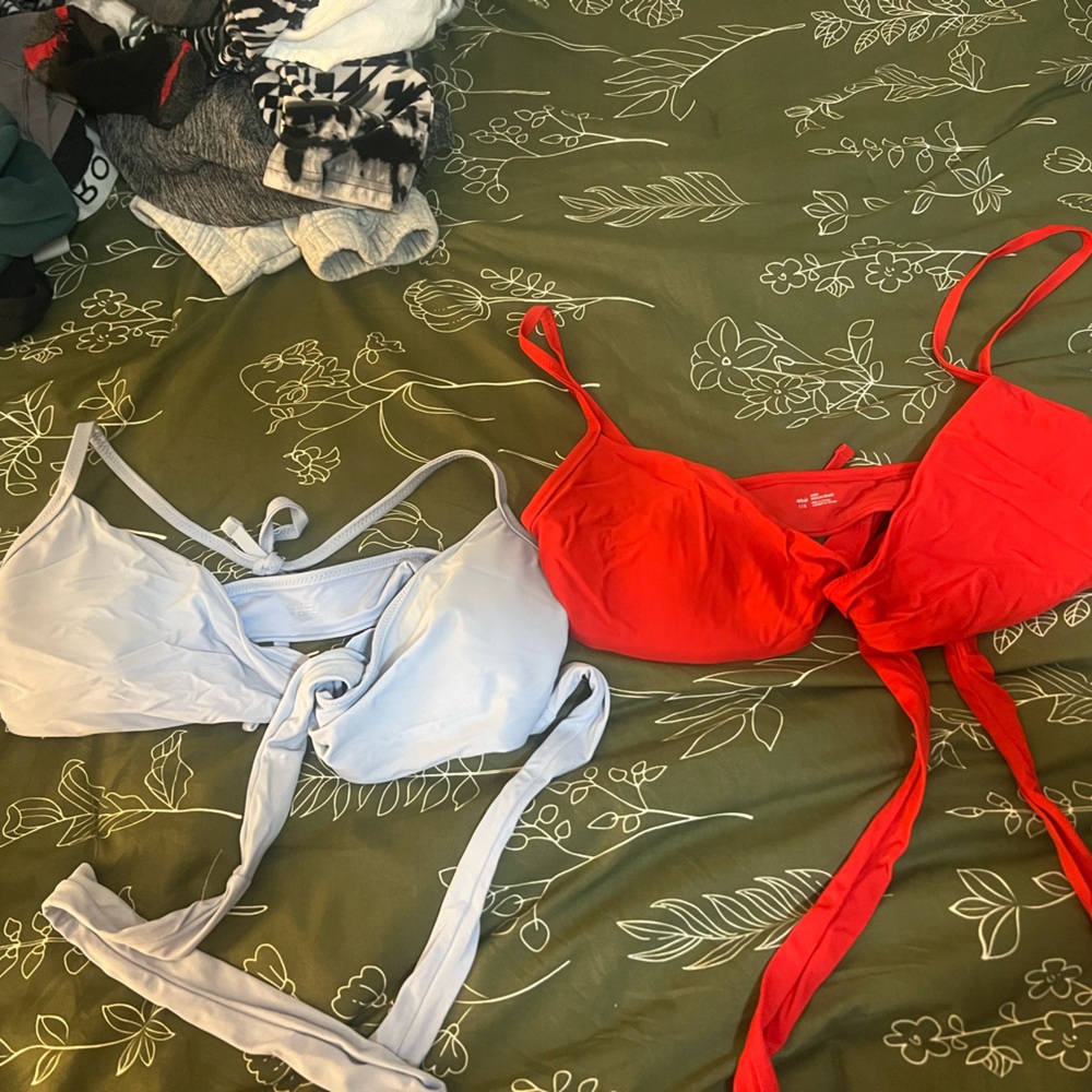 Aerie Cherry Red and Powder Blue Triangle Bikinis Swimwear